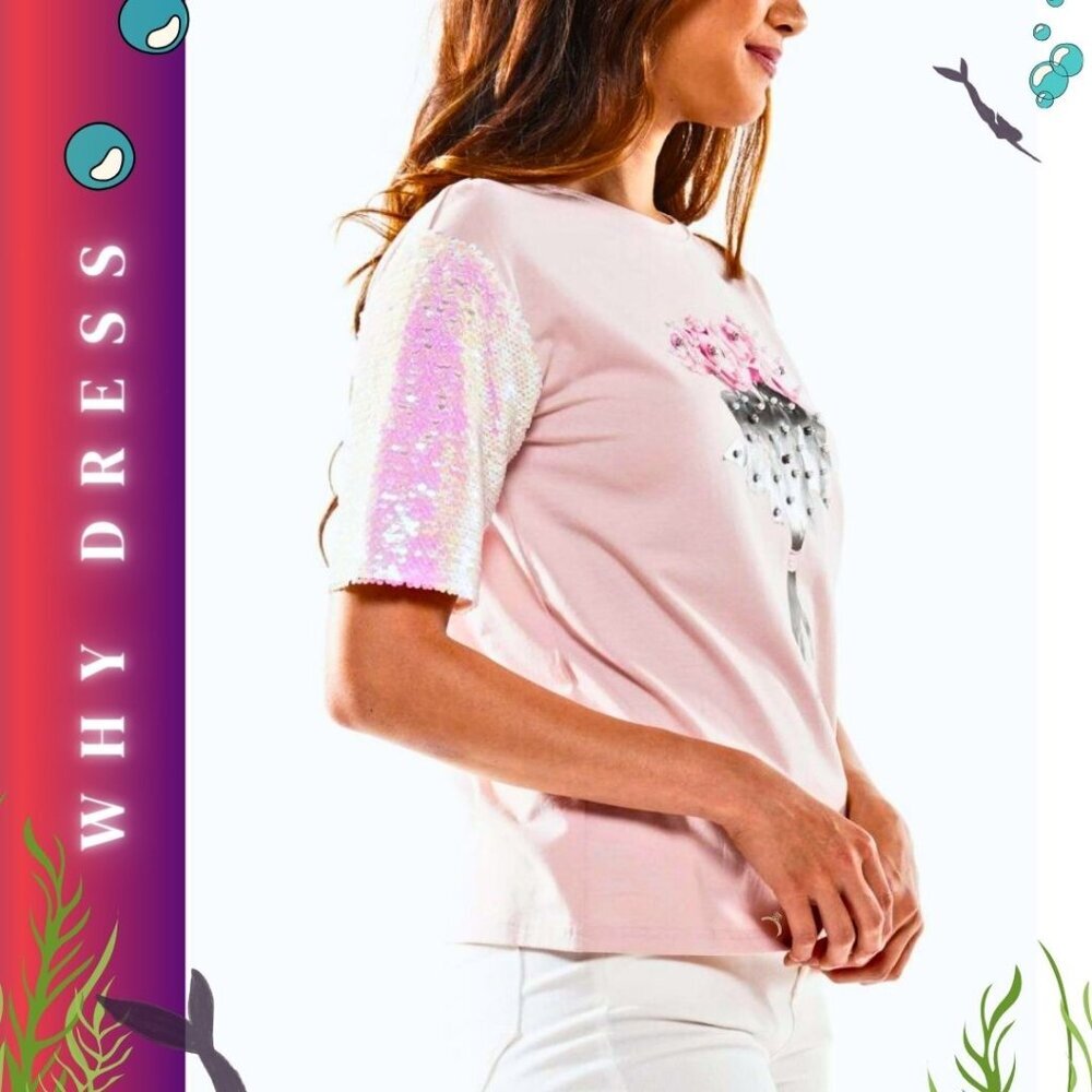 Why Dress Sequin Sleeve Screen Printed T-Shirt Pink- Small - Picture 3 of 15